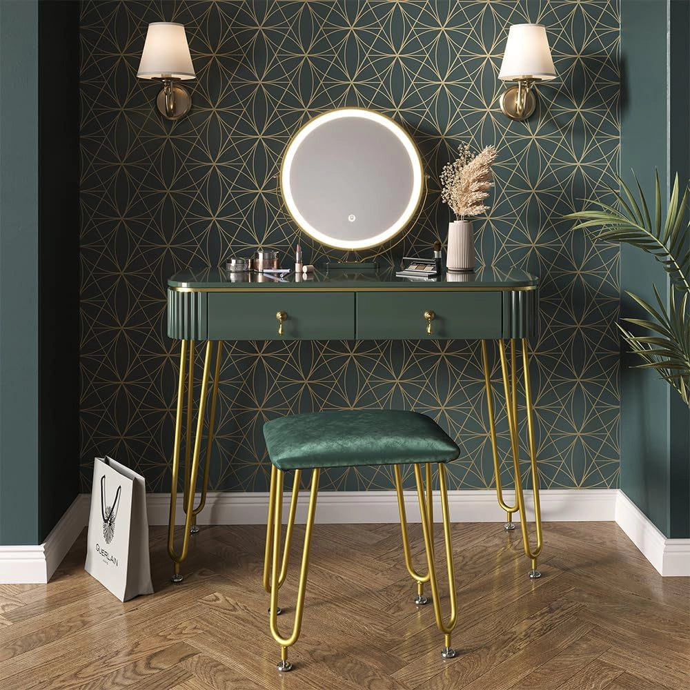 Vicco Tavolo da toeletta Grace, Verde scuro lucido, 100 cm con illuminazione LED e sgabello, con illuminazione LED e sgabello come seduta