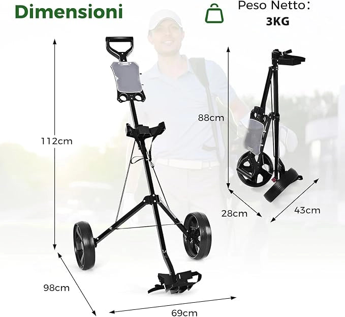 Carrello da Golf Pieghevole con 2 Ruote, Carrello da Golf in Ferro con Tabellone Segnapunti, 140 x 63,5 x 113 cm, Nero(Nero)