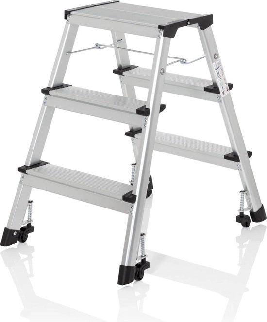 Scalino con ruote in alluminio con 3 gradini a entrambi i lati pieghevole, accessibile fino a 150 kg, colore argento, modello 830009.