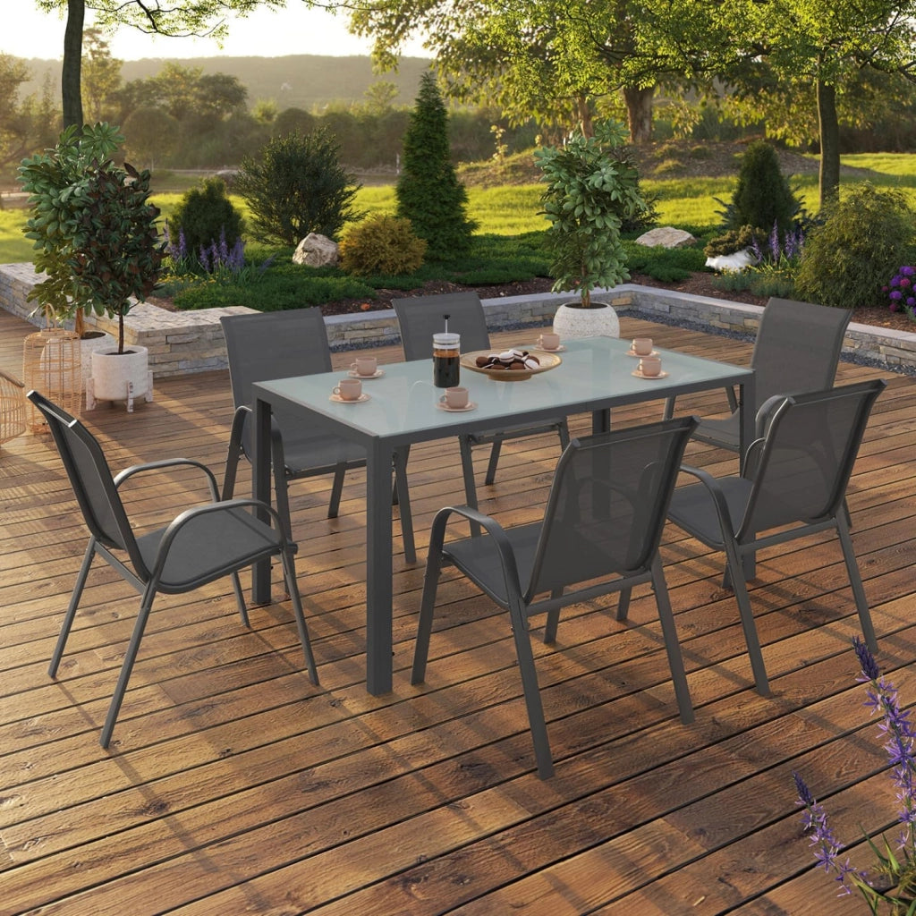 Set di mobili da Giardino Madrid Tavolo 150 cm e 6 sedie impilabili Grigio Antracite Piano Chiaro