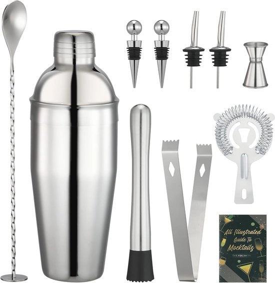 Set di Shaker per Cocktail da 750 ml con 10 Accessori - Ideale per Principianti e Professionisti - Perfetto per Feste e Uso Casalingo