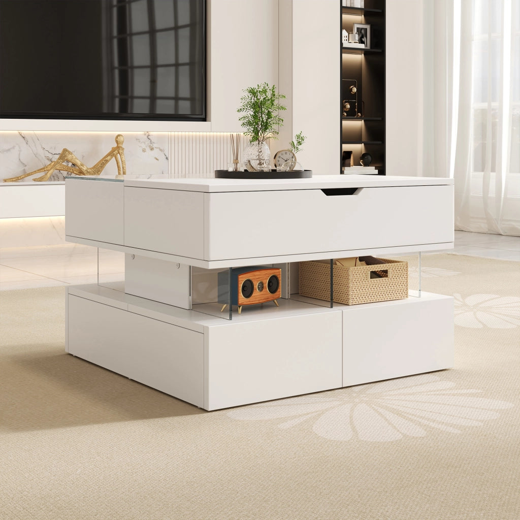 Tavolino da caffè 70x67x57 cm; piano sollevabile con LED a 16 colori; pannelli truciolari bianco