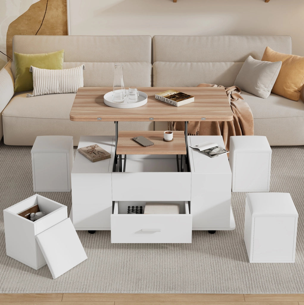 Tavolino trasformabile 100x50x45 cm con alzata idraulica; 4 sgabelli contenitore; legno; bianco naturale