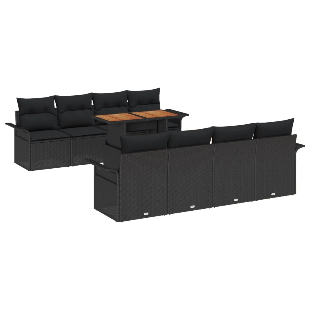Set Divano da Giardino  a 9 Pezzi con Cuscini Nero Rattan Poliolefine