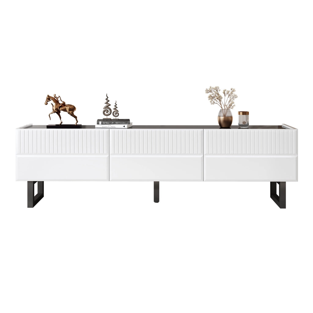 Mobile TV con 3 Cassetti e Piedini in Ferro; Piano Lucido; Stile Minimalista; 170??35??47 cm; Nero e Bianco