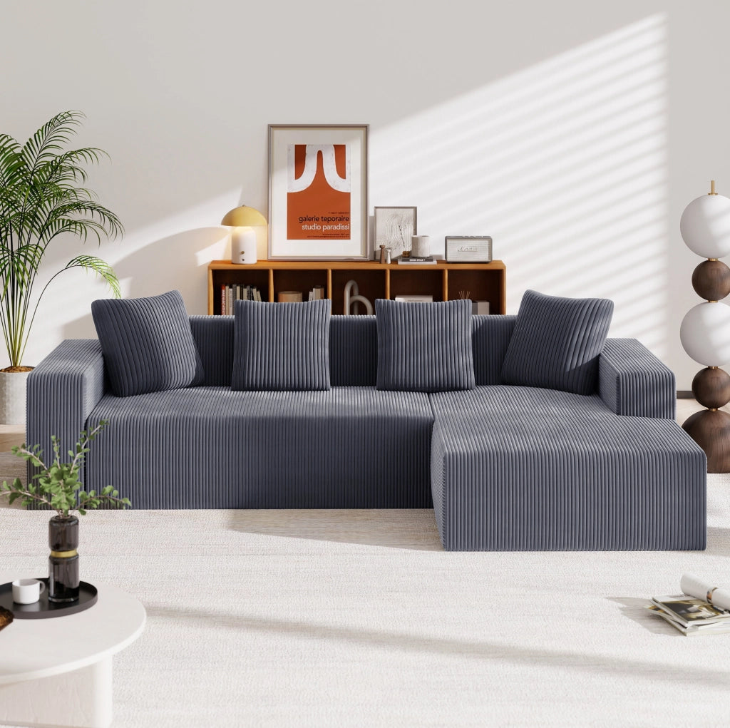 Divano modulare 261x146x65 cm con chaise longue; seduta profonda; velluto a coste grigio