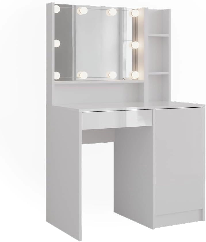 Tavolo da toeletta Sherry, Bianco/bianco lucido, 89.8 cm 4 parti, con illuminazione LED e specchio integrato fisso