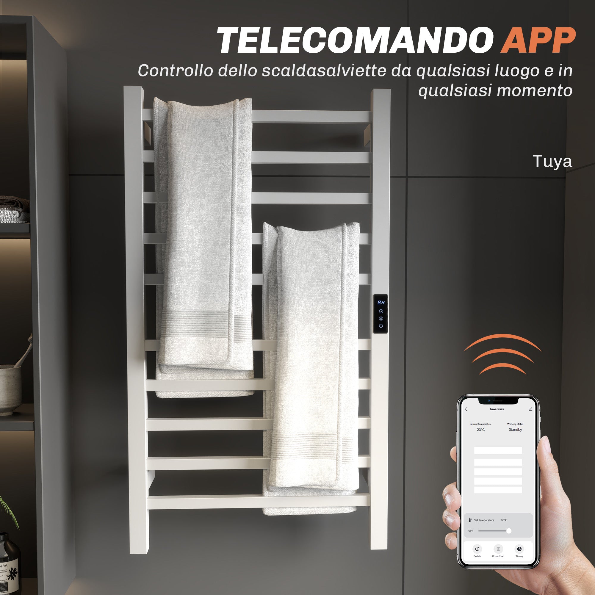 Scaldasalviette Elettrico Smart 45x11x80 cm a 10 Barre con Timer e Display LCD in Acciaio Inox Bianco
