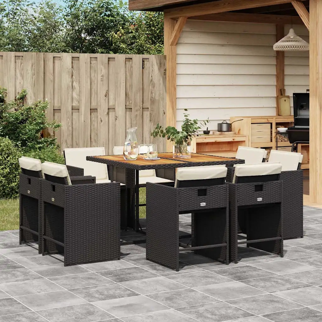 Set da Pranzo da Giardino 9 pz con Cuscini Nero in Polyrattan 3211203
