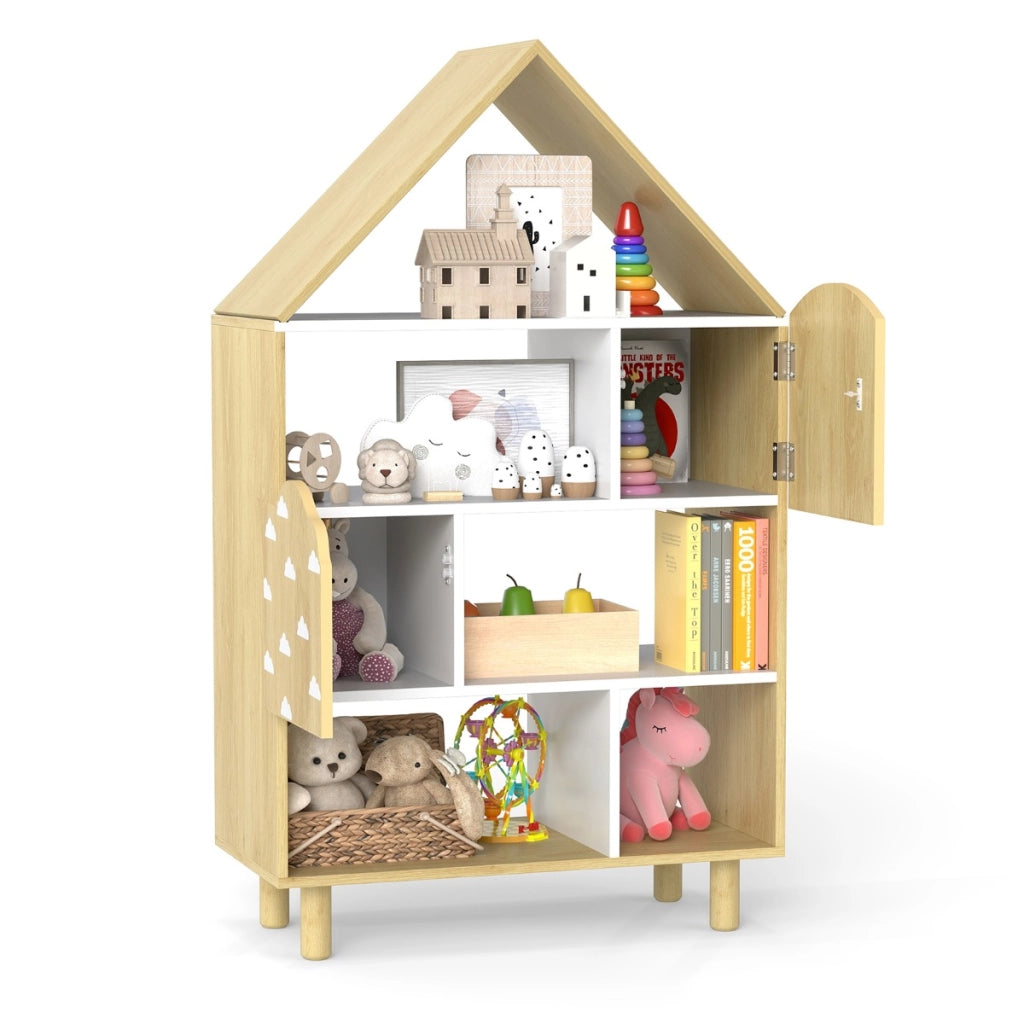 Libretto scaffale per bambini a forma di casa, Libreria per bambini libreria a forma di casa con 2 ante Naturale