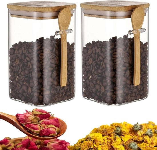 Contenitore in Vetro Quadrato - Scatola Chiusa con Coperchio in Bamboo e Cucchiaio - Canestro trasparente per caffè, zucchero, erbe - 1000 ML