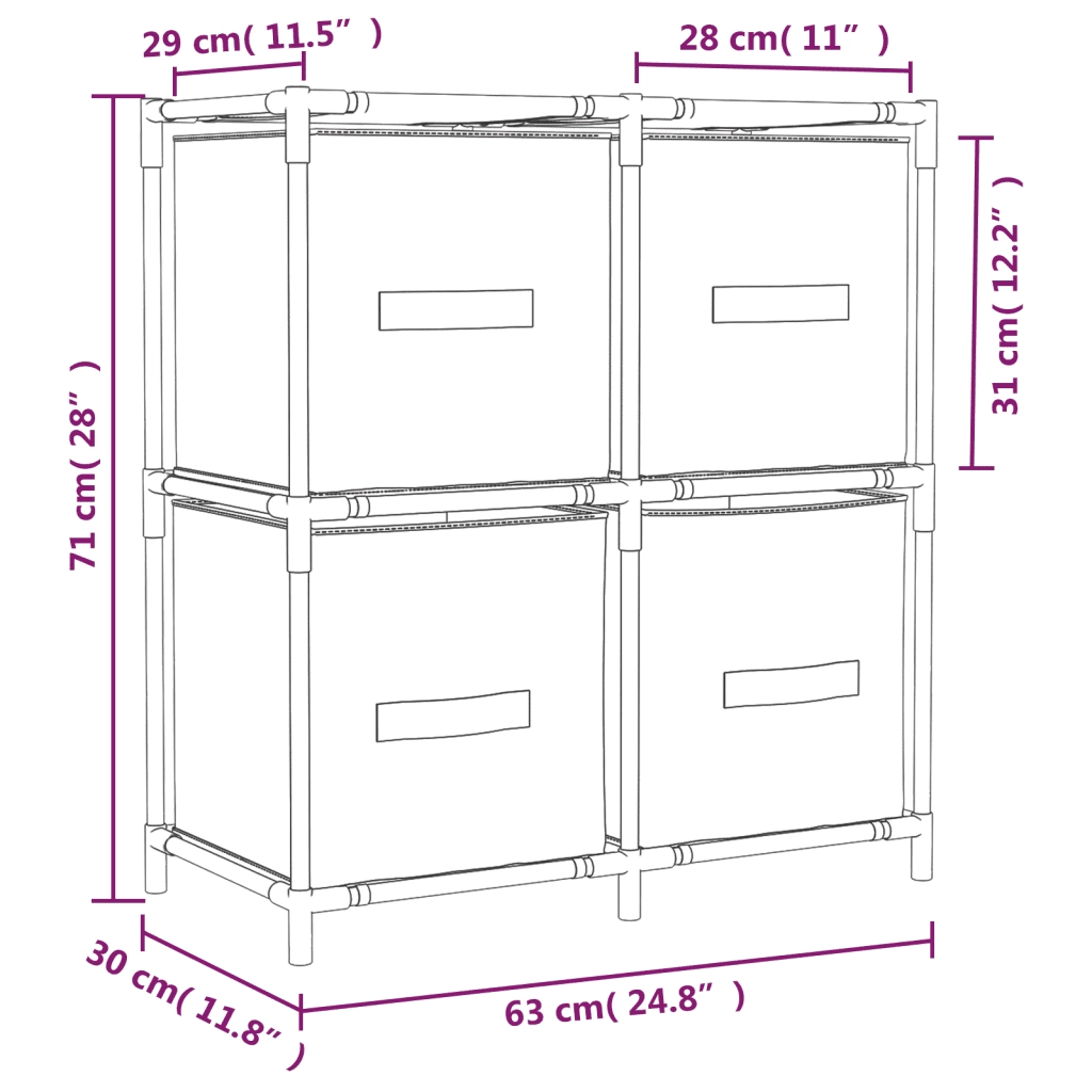 Armadietto con 4 Cesti in Tessuto Grigio 63x30x71 cm Acciaio 337255