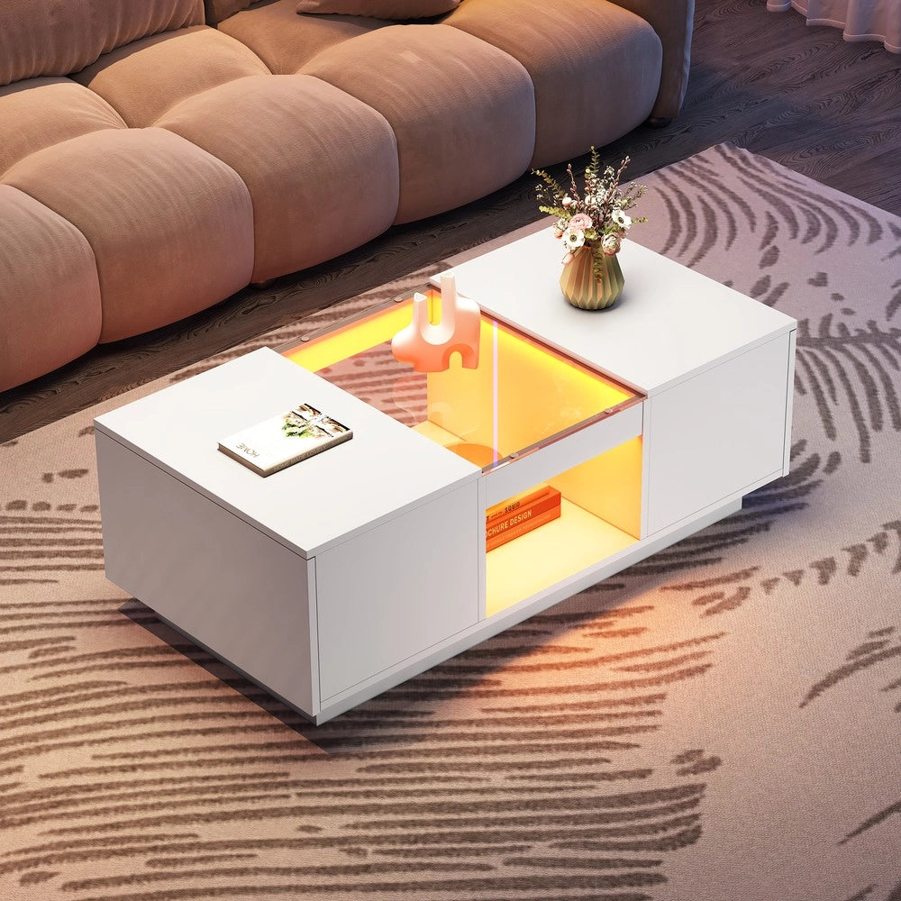 Tavolino da Caff¨¨ con LED, Cassetti e Vetro ¨C MINIMAL ¨C Bianco 100x50x35,5 cm
