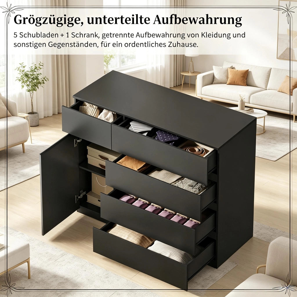Cassettiera con 5 cassetti e 1 anta, ripiano regolabile e maniglie integrate, per camera e ingresso, 100×40×80 cm