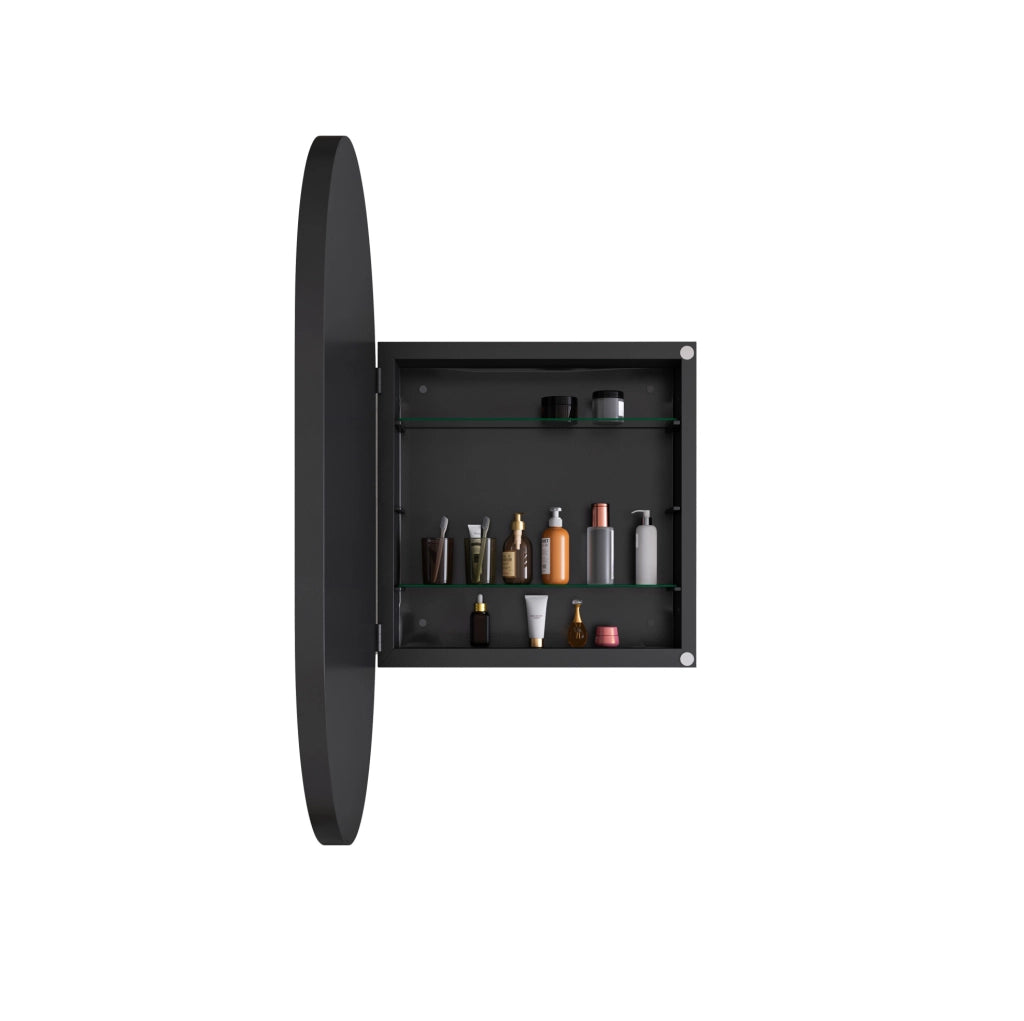 Armadietto a specchio ovale da bagno in metallo nero con 2 ripiani in vetro