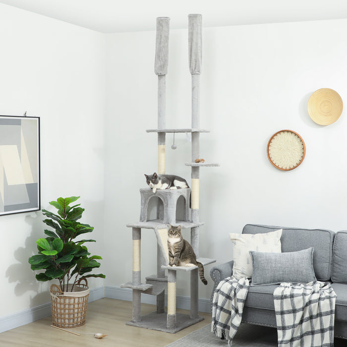 Albero Tiragraffi a Soffitto con Altezza Regolabile 225-255 cm con Casetta e Amaca in Peluche e Sisal Grigio Chiaro