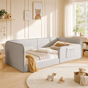 Letto singolo 90x200 cm in lino beige con imbottitura in schiuma e tasche laterali