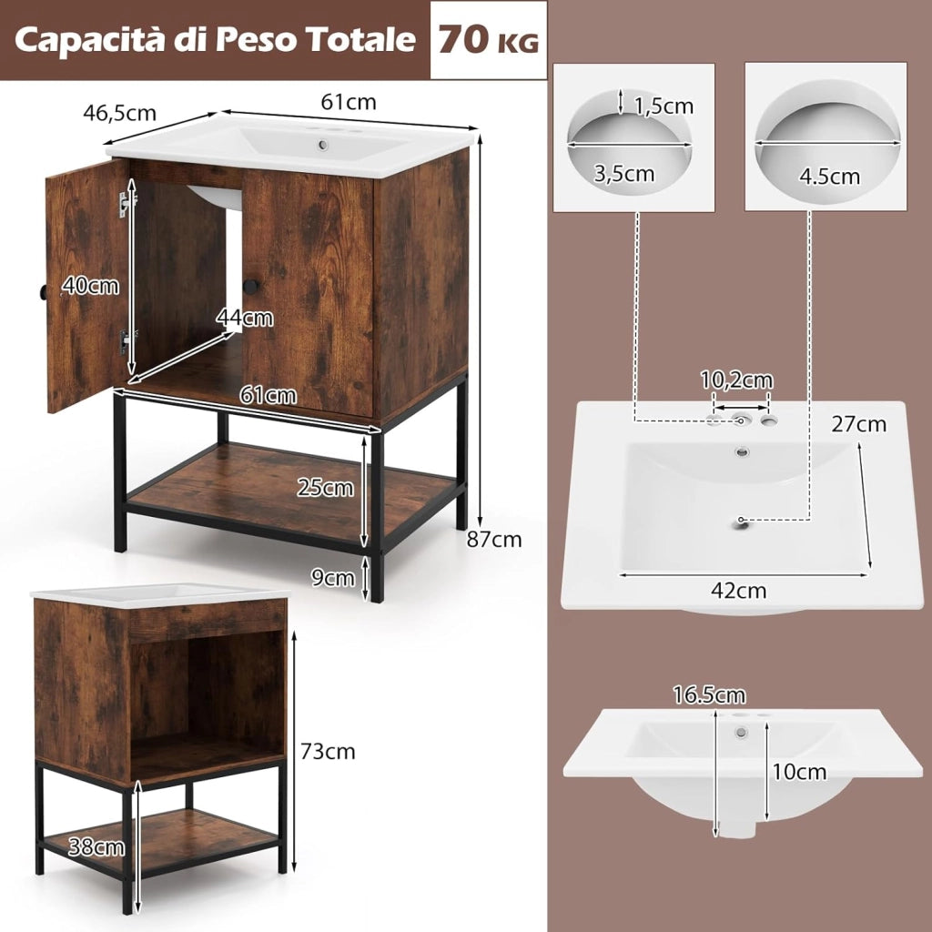 Mobile da Bagno in Legno, Mobiletto con 2 Ante e Mensola Aperta, Mobile da Bagno a Terra Stile Vintage con Lavandino in Ceramica, 61 x 46,5 x 87 cm, Marrone Rustico