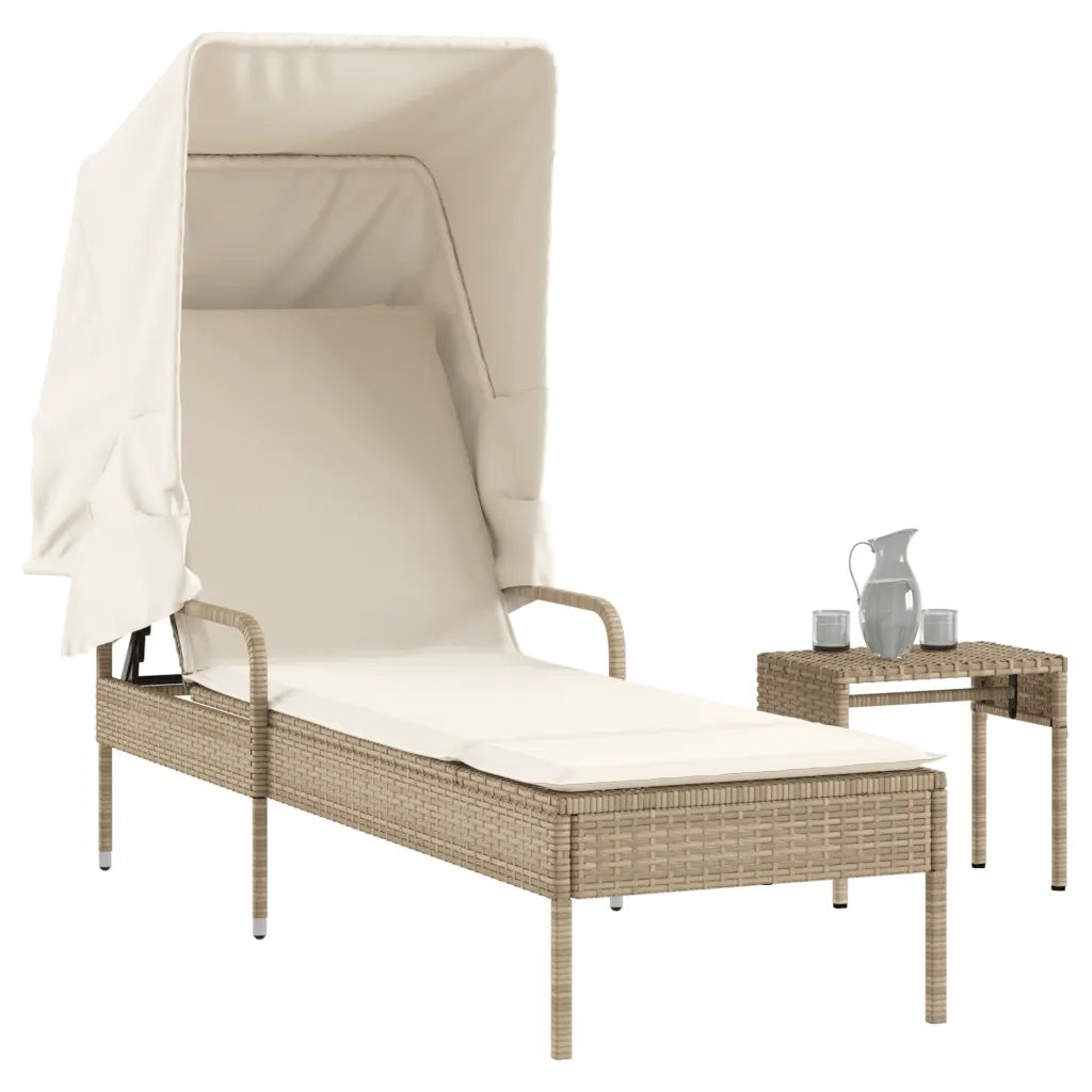 Lettino Prendisole | Sdraio da giardino | Lettino da sole con Baldacchino e Tavolino Beige Polyrattan
