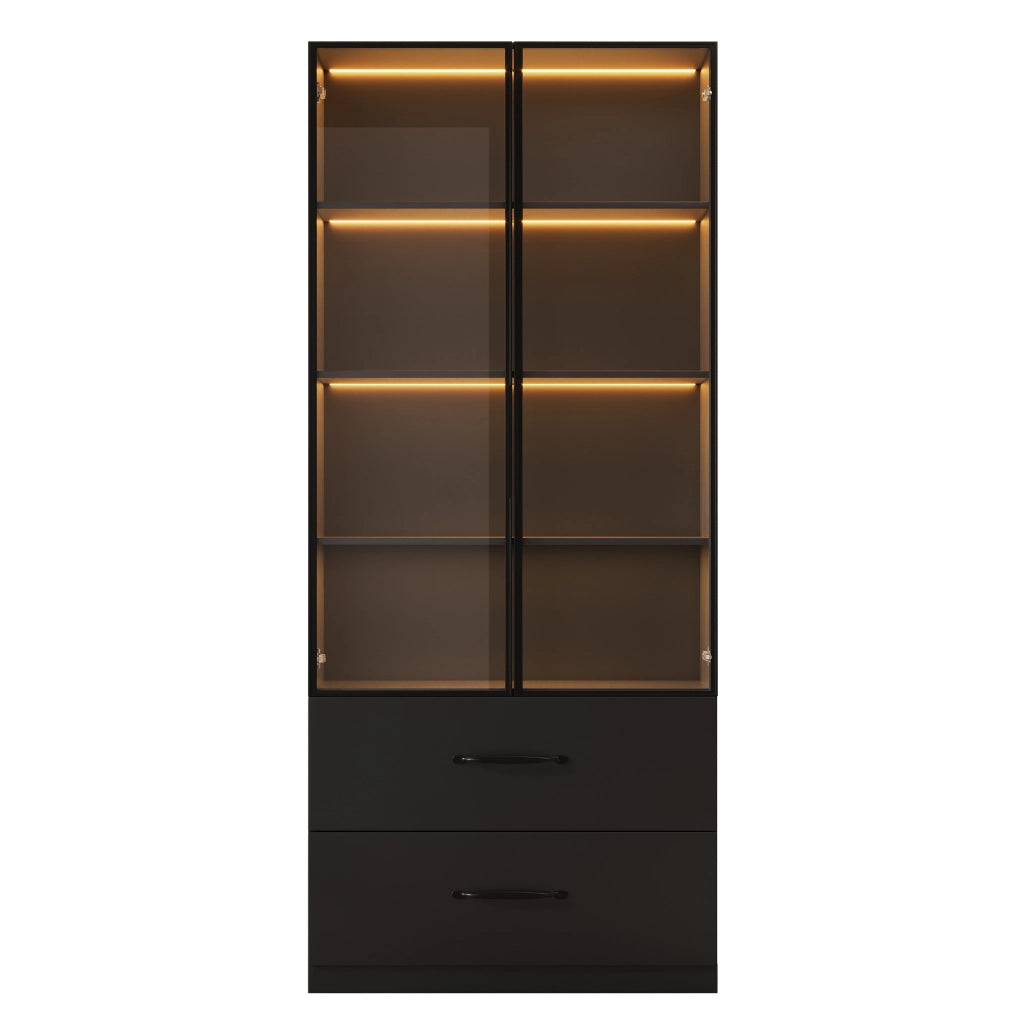 Vetrina LED modulare con ante in vetro, ripiani aperti e cassetti, per soggiorno e cucina, nero, 140 × 40 × 160 cm