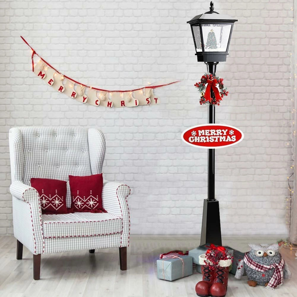 Lampione Natale con Luce LED Scena Natalizia Motorizzata Neve Musica 180 cm Nero