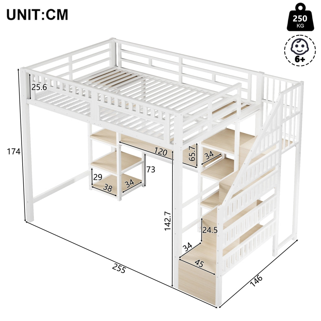 Letto a soppalco 140x200 cm con scrivania; scala contenitore; LED e USB; metallo e MDF; bianco
