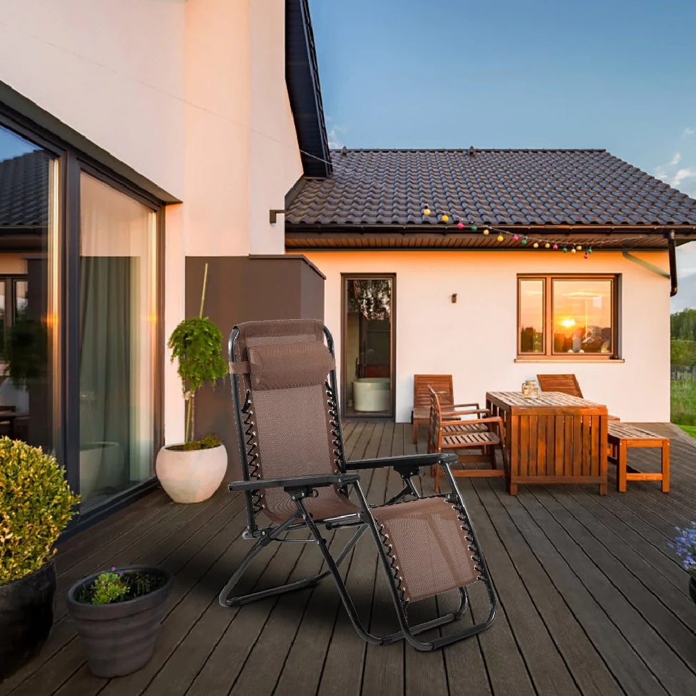 Sedia Sdraio Cordonata Gravità Zero Reclinabile Pieghevole Poggiatesta Nero Caffè