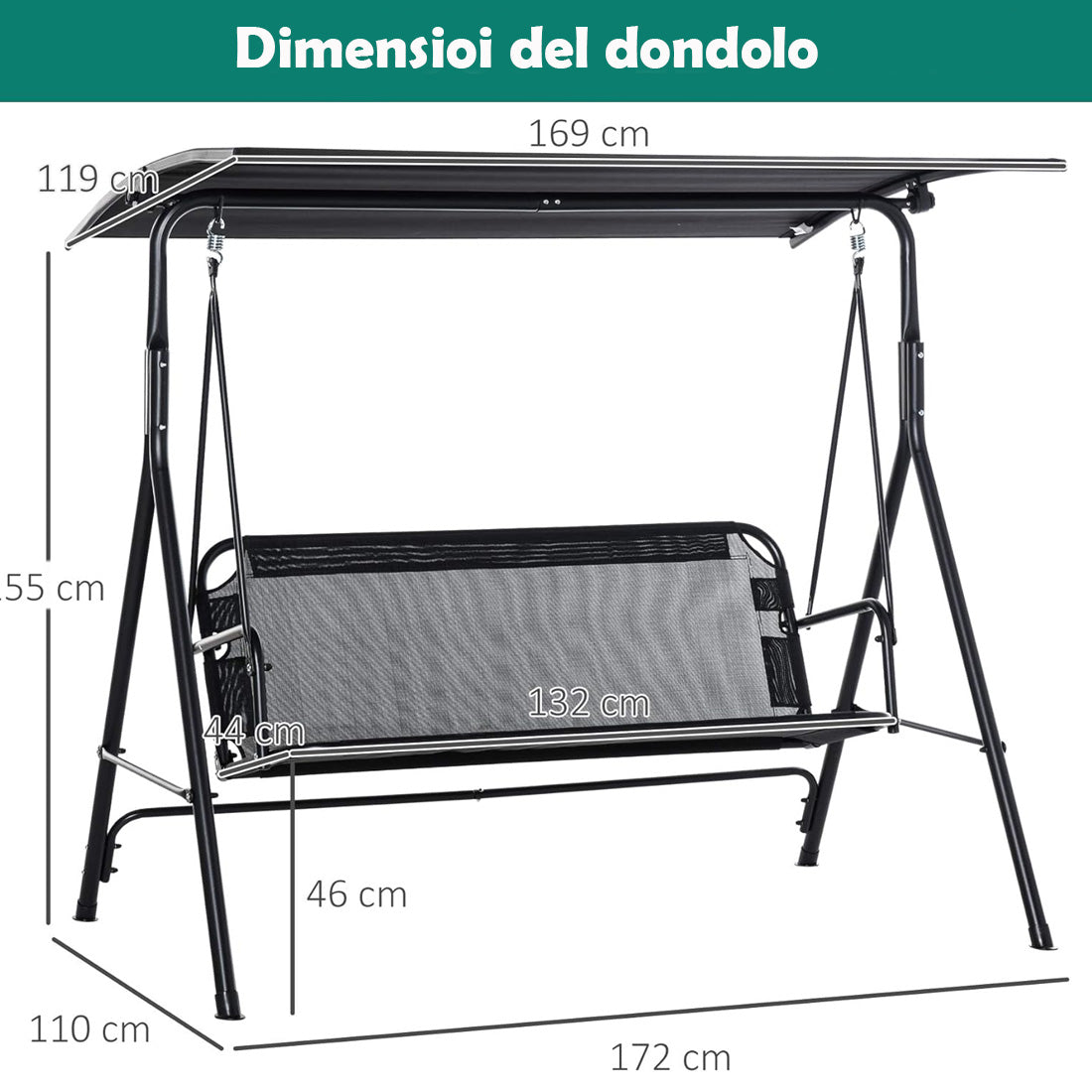 Dondolo da Giardino 3 Posti con Tettuccio Parasole Regolabile 172x110x155cm Nero