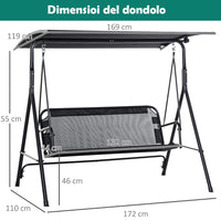 Dondolo da Giardino 3 Posti con Tettuccio Parasole Regolabile 172x110x155cm Nero