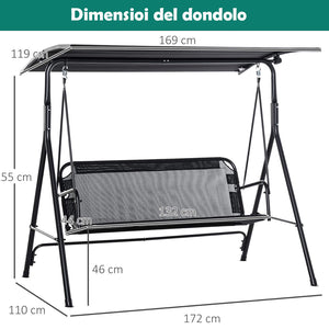 Dondolo da Giardino 3 Posti con Tettuccio Parasole Regolabile 172x110x155cm Nero