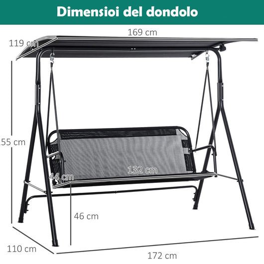 Dondolo da Giardino 3 Posti con Tettuccio Parasole Regolabile 172x110x155cm Nero