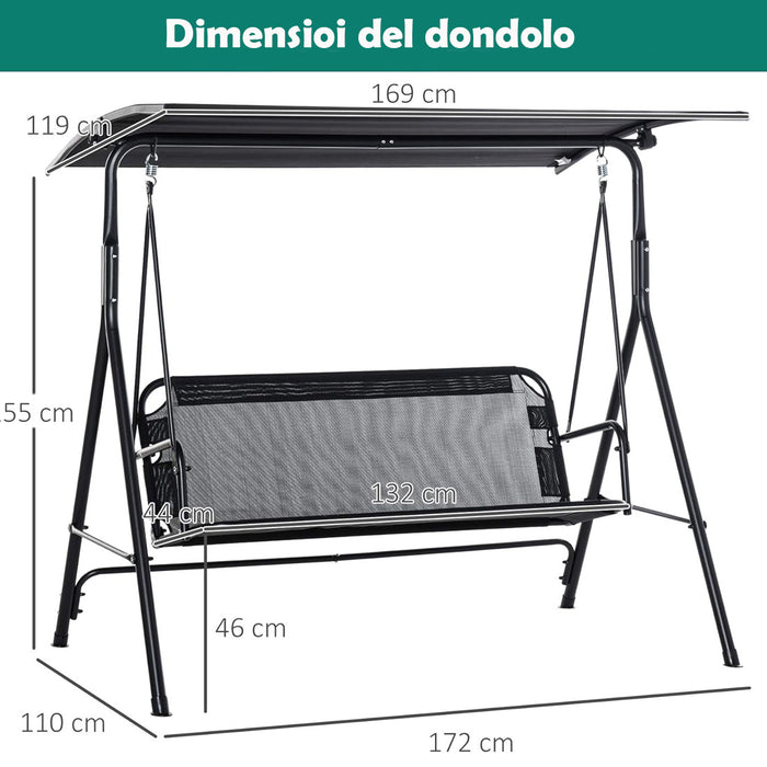 Dondolo da Giardino 3 Posti con Tettuccio Parasole Regolabile 172x110x155cm Nero