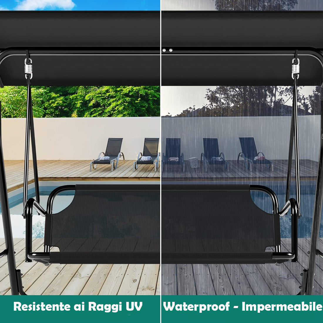 Dondolo da Giardino 3 Posti con Tettuccio Parasole Regolabile 172x110x155cm Nero