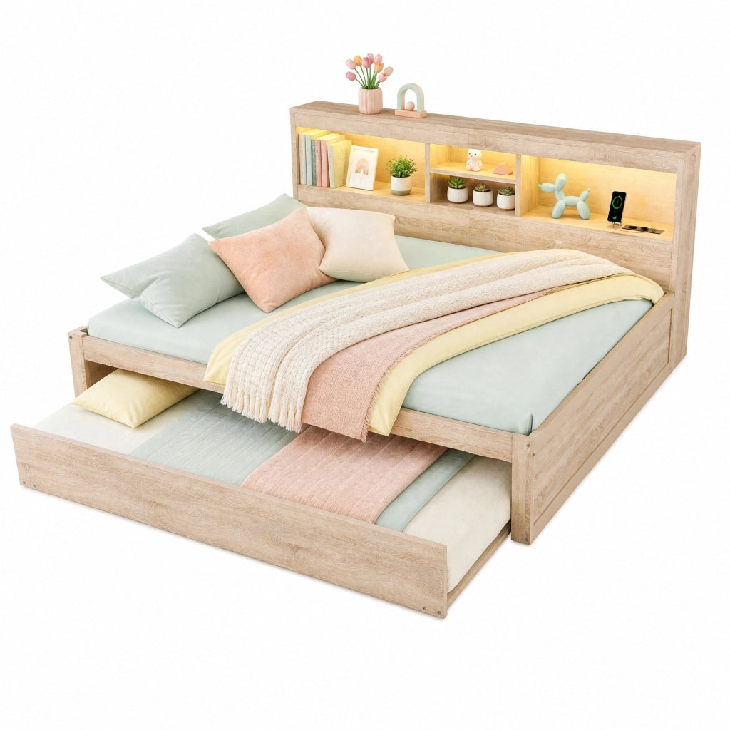 Divano letto Tagesbett 140x200 cm con LED, presa USB e vano laterale, Naturale