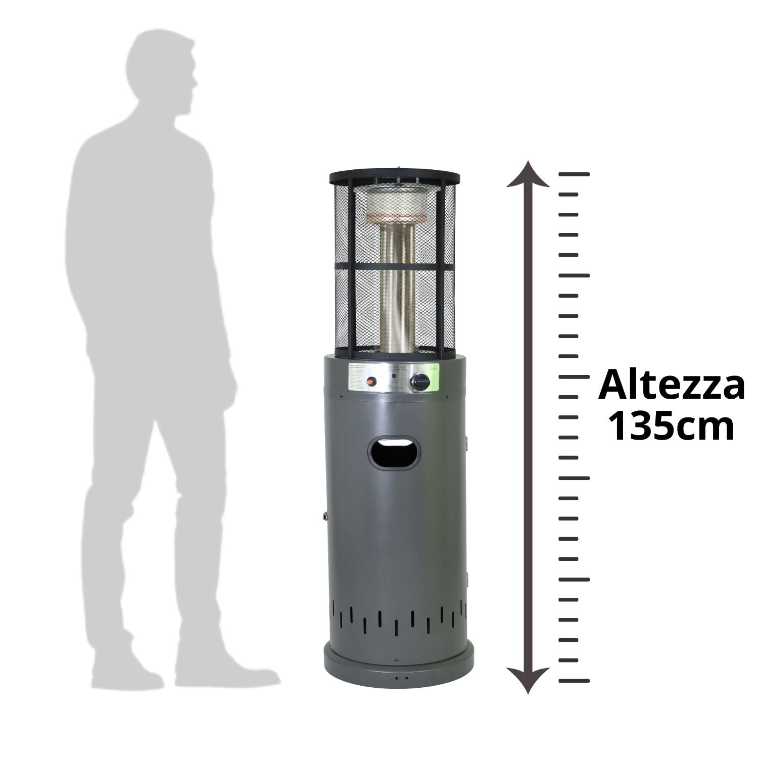 Stufa a Gas da Esterno Riscaldatore Gpl Portatile con Ruote FIRE GLASS Cilindro con Vetro per Terrazzo Patio Giardino Lo