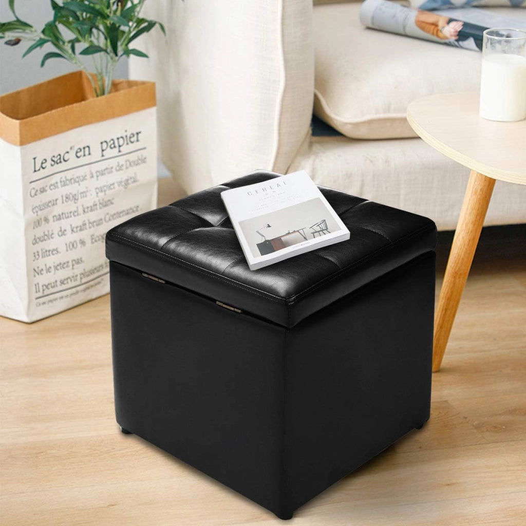 Pouf Cubo Poggiapiedi, Sgabello Quadrato Contenitore, Ottomana con Coperchio, con Vano Portaoggetti, Piedini Antiscivolo, Portata di 300 kg, 40 x 40 x 40 cm, Nero/Marrone/Bianco