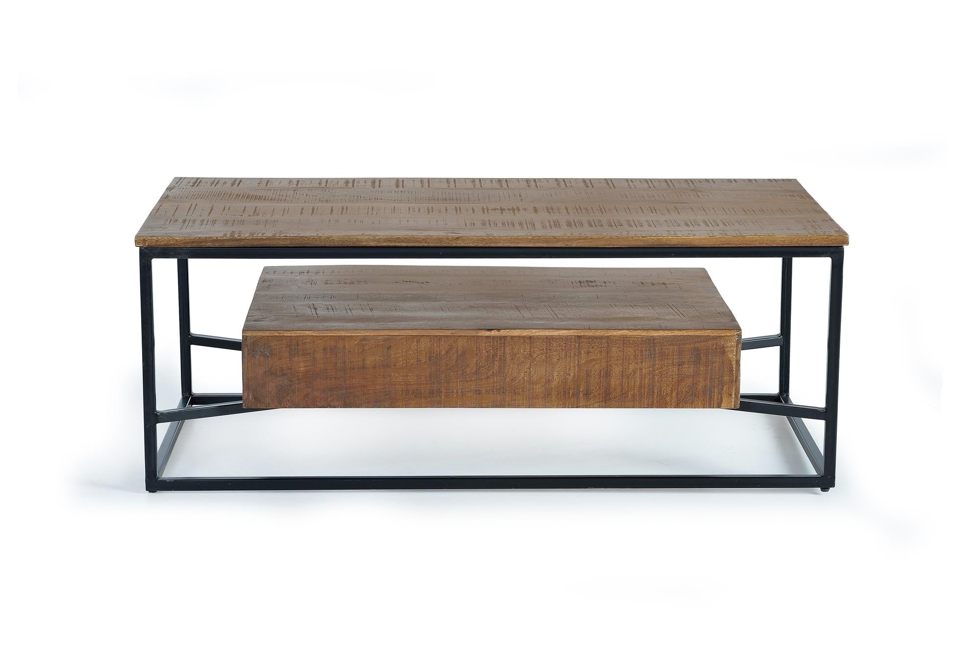 Tavolino a 2 cassetti in massello di mango e metallo 