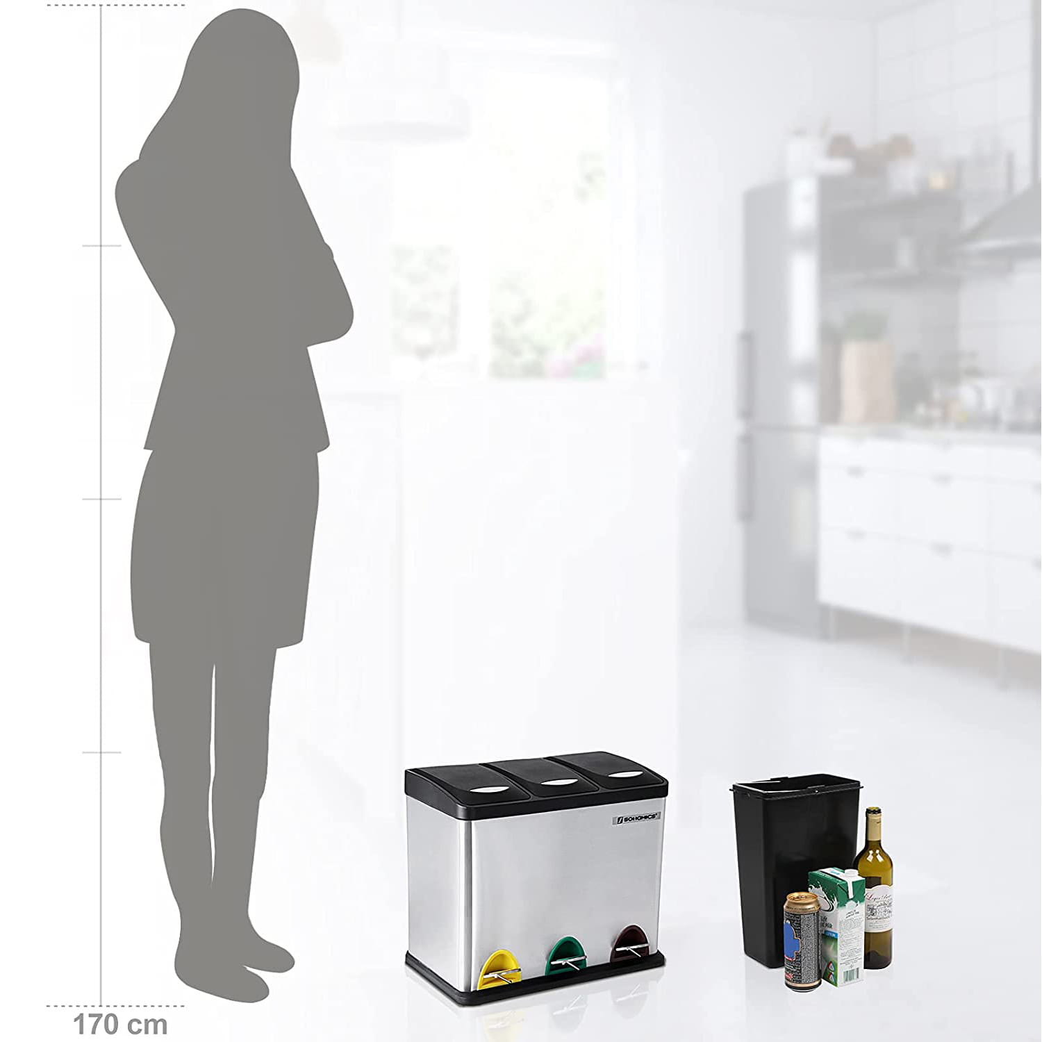 Pattumiera VALORA con 3 contenitori rimovibili, argento LTB24L