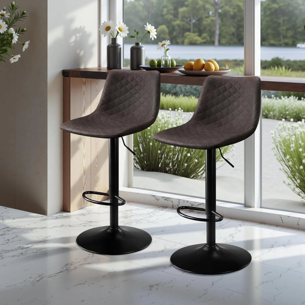 Set di 2 Sgabelli da Bar Pelle in Microfibra, Sgabello Cucina Girevole con Schienale, Sgabello Alto Regolabile con Poggiapiedi, Sgabello Bar Moderni per Isola ed Cucina-Marrone Scuro