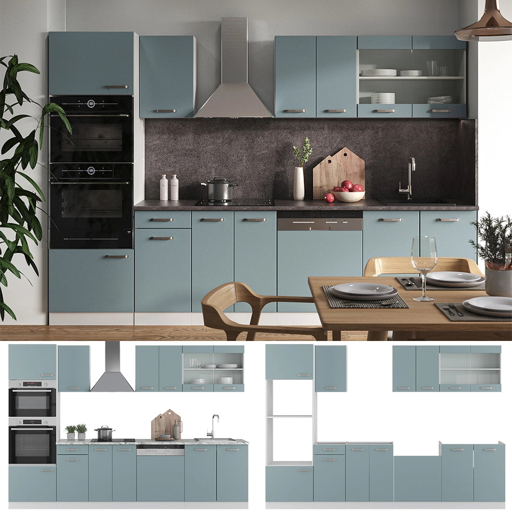 Vicco Cucina componibile Grigio-blu 300 cm con armadio alto, PL Marmo