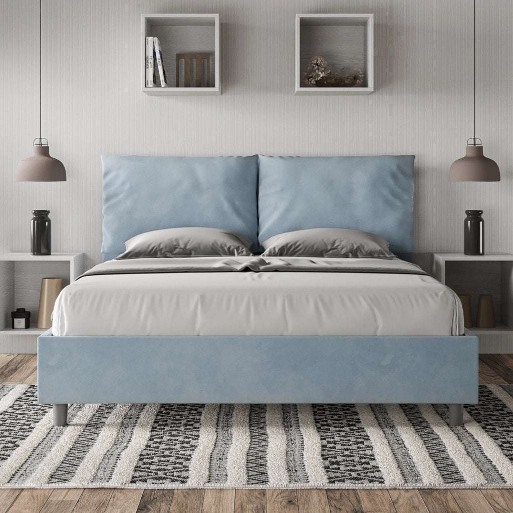 Letto Matrimoniale 160x210 cm con Rete e Contenitore Giroletto con Alzata Comoda Imbottito in Microfibra Antea Azzurro