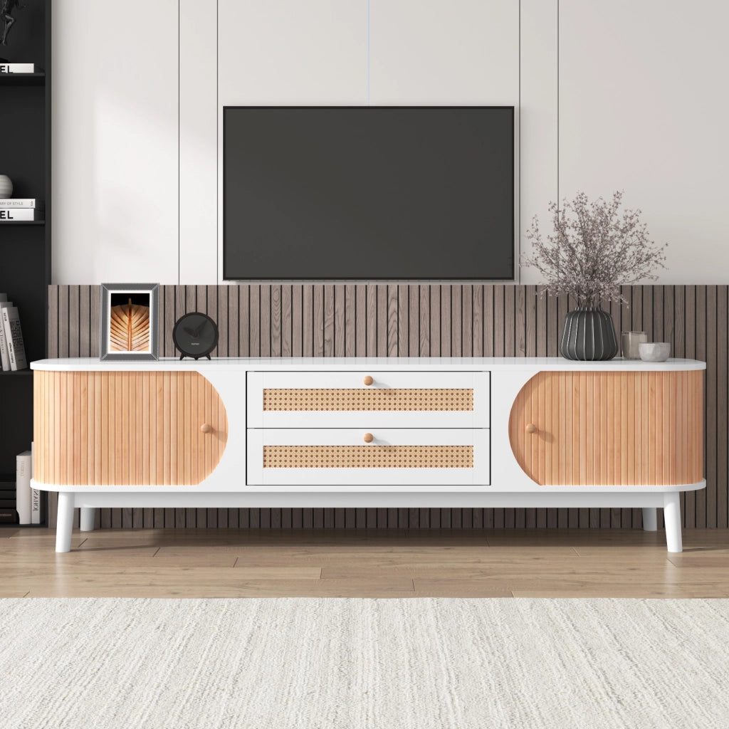 Mobile TV con 2 Ante e 2 Cassetti in Rattan; Stile Naturale; Soggiorno; 170??39;5??46 cm; in MDF; Bianco