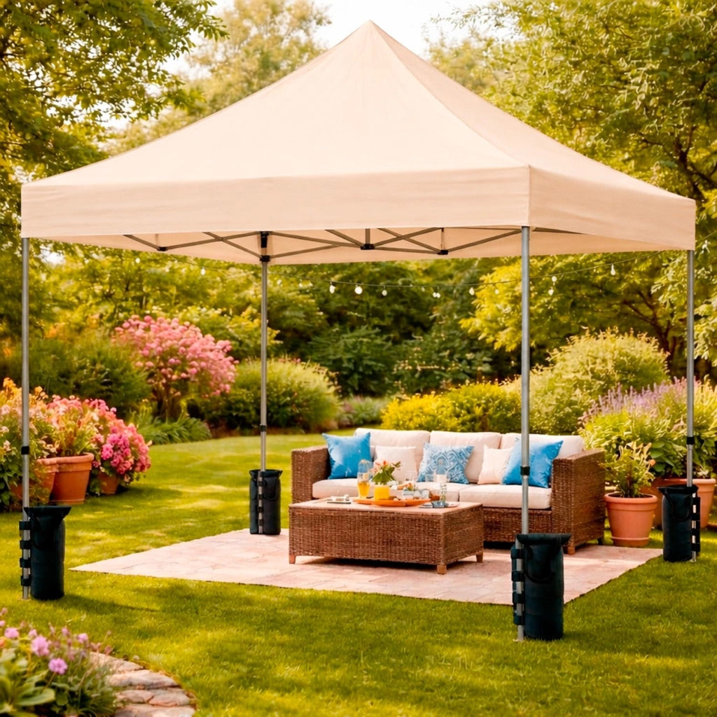 Gazebo Professionale Con Struttura A Fisarmonica Richiudibile Automatico In Acciaio E Telo Oxford 1200D PVC Impermeabile E Anti UV Dotato Di Sacche Zavorra E Borsa Trasporto Per Sagre Feste Eventi 3x3 M Beige