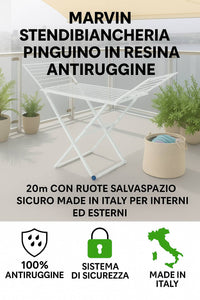 Marvin Stendibiancheria Pinguino in Resina Antiruggine 20m con Ruote Salvaspazio Sicuro Made in Italy per Interni ed Est