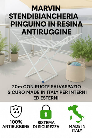 Marvin Stendibiancheria Pinguino in Resina Antiruggine 20m con Ruote Salvaspazio Sicuro Made in Italy per Interni ed Est