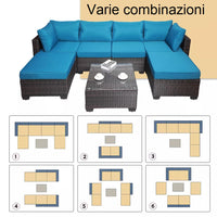 Set Divano Modulabile da Giardino in Polyrattan Cuscini Sfoderabili Blu Tavolino
