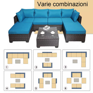 Set Divano Modulabile da Giardino in Polyrattan Cuscini Sfoderabili Blu Tavolino