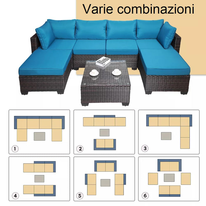 Set Divano Modulabile da Giardino in Polyrattan Cuscini Sfoderabili Blu Tavolino