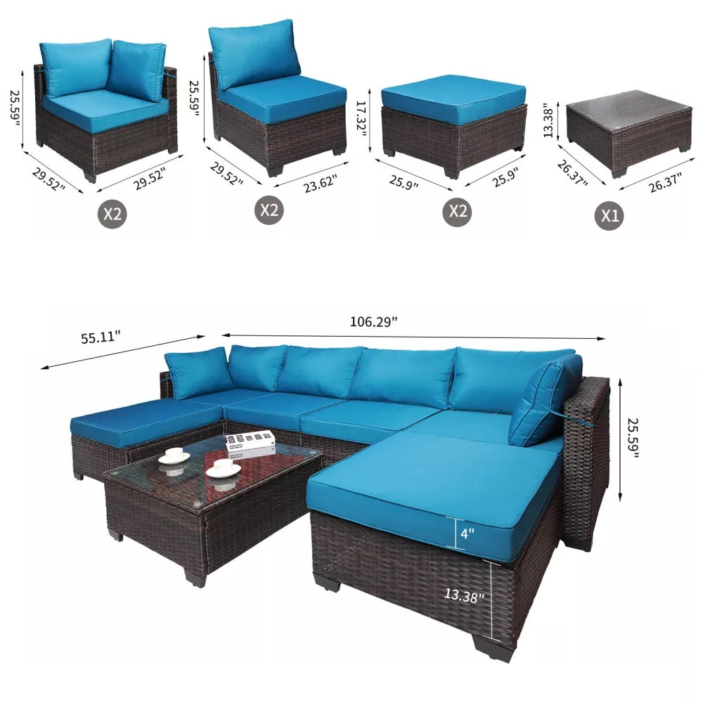 Set Divano Modulabile da Giardino in Polyrattan Cuscini Sfoderabili Blu Tavolino