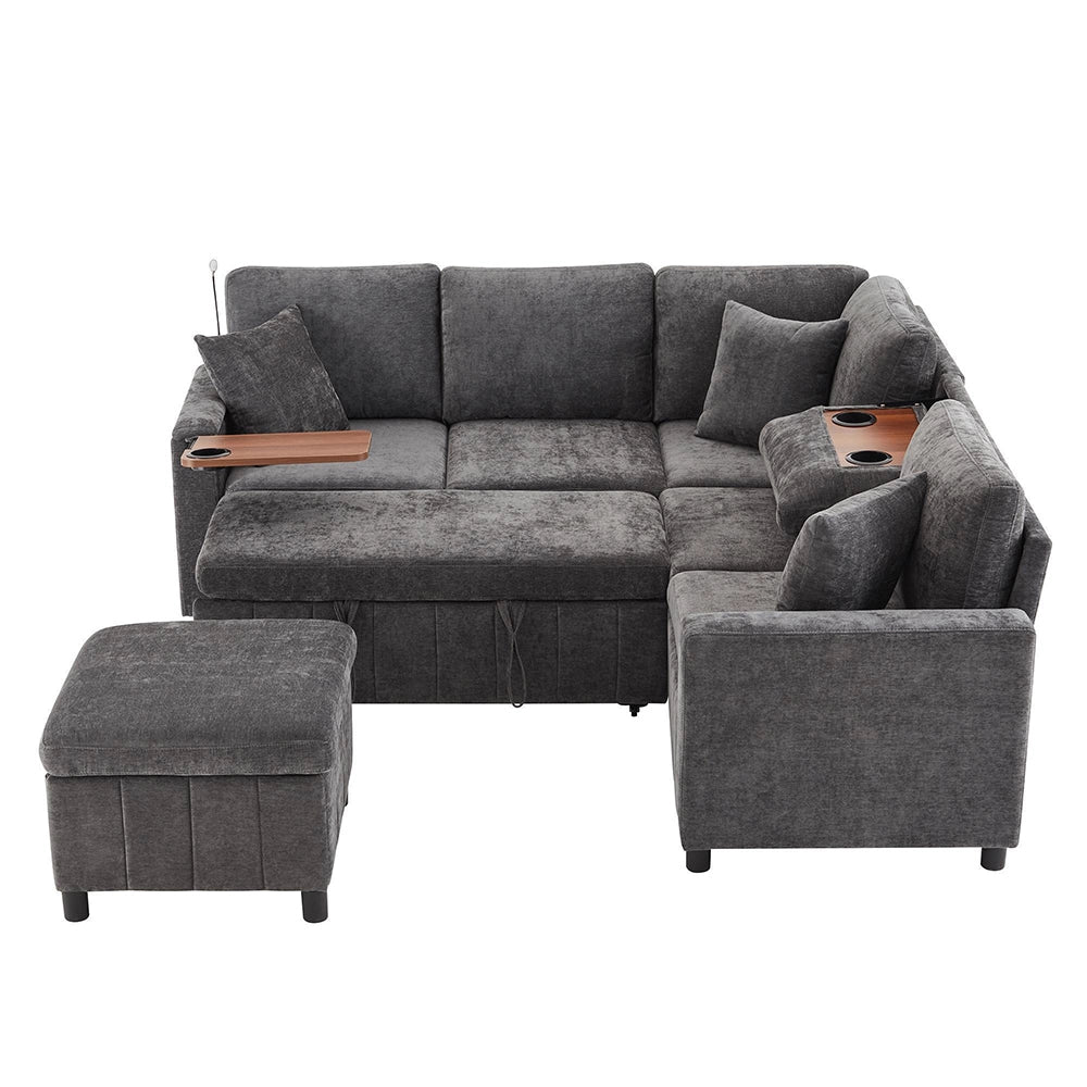 Divano angolare in chenille letto - Xylo - 205¡Á205¡Á85cm - Grigio - USB Type-C luce lettura tavolo